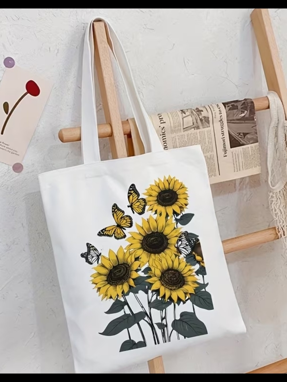 White Sunflower & Butterfly Canvas Tote Bag